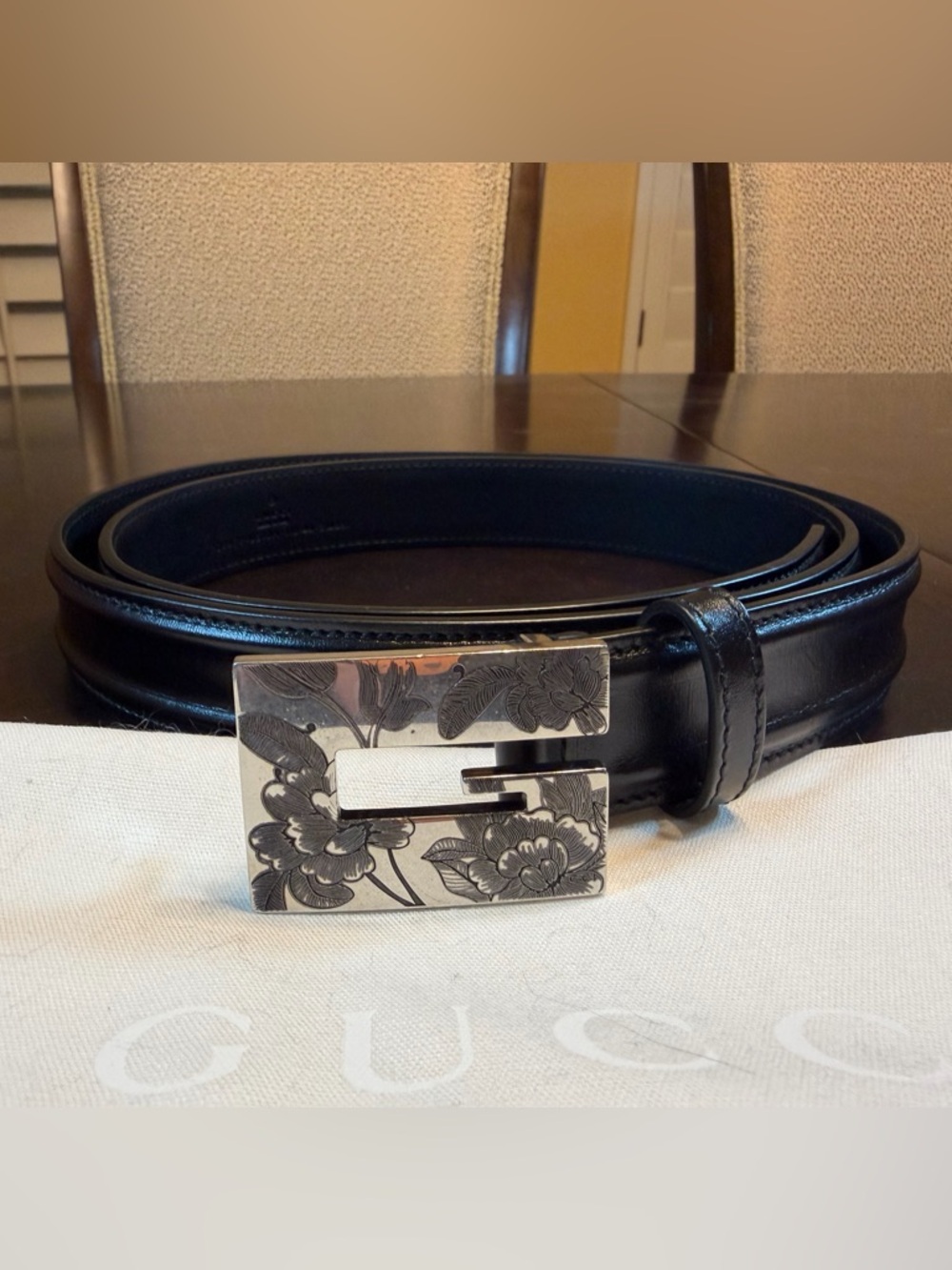 New Gucci Floral G Logo Buckle Black Belt Size 44 / 110 cm Fits a Waist 40 - 44